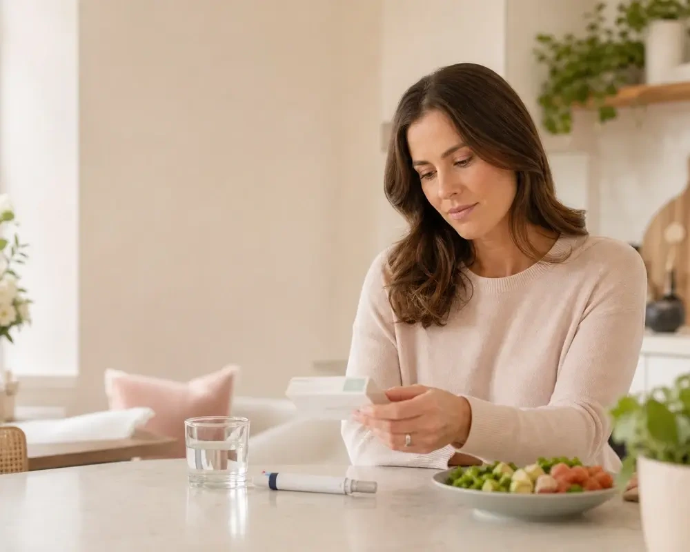 A woman sitting at a kitchen table reading the package of a medicine box, with an injection pen, a glass of water, and a plate of fresh food on the table in front of her.