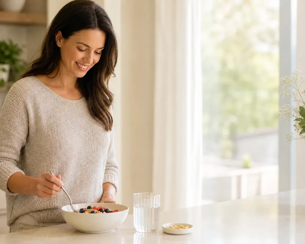 A smiling woman standing at a bright kitchen counter eating a bowl of oatmeal topped with fresh berries, with a glass of water nearby.