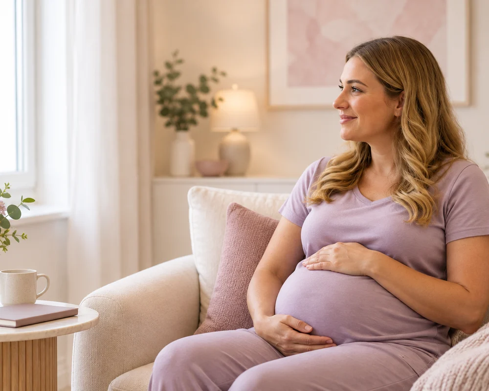Pregnant woman reflecting on her birth options in a calm home setting